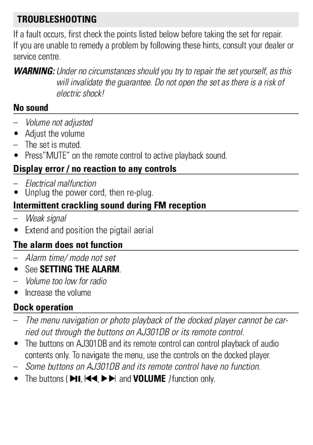 Philips AJ301DB/79 user manual Troubleshooting 