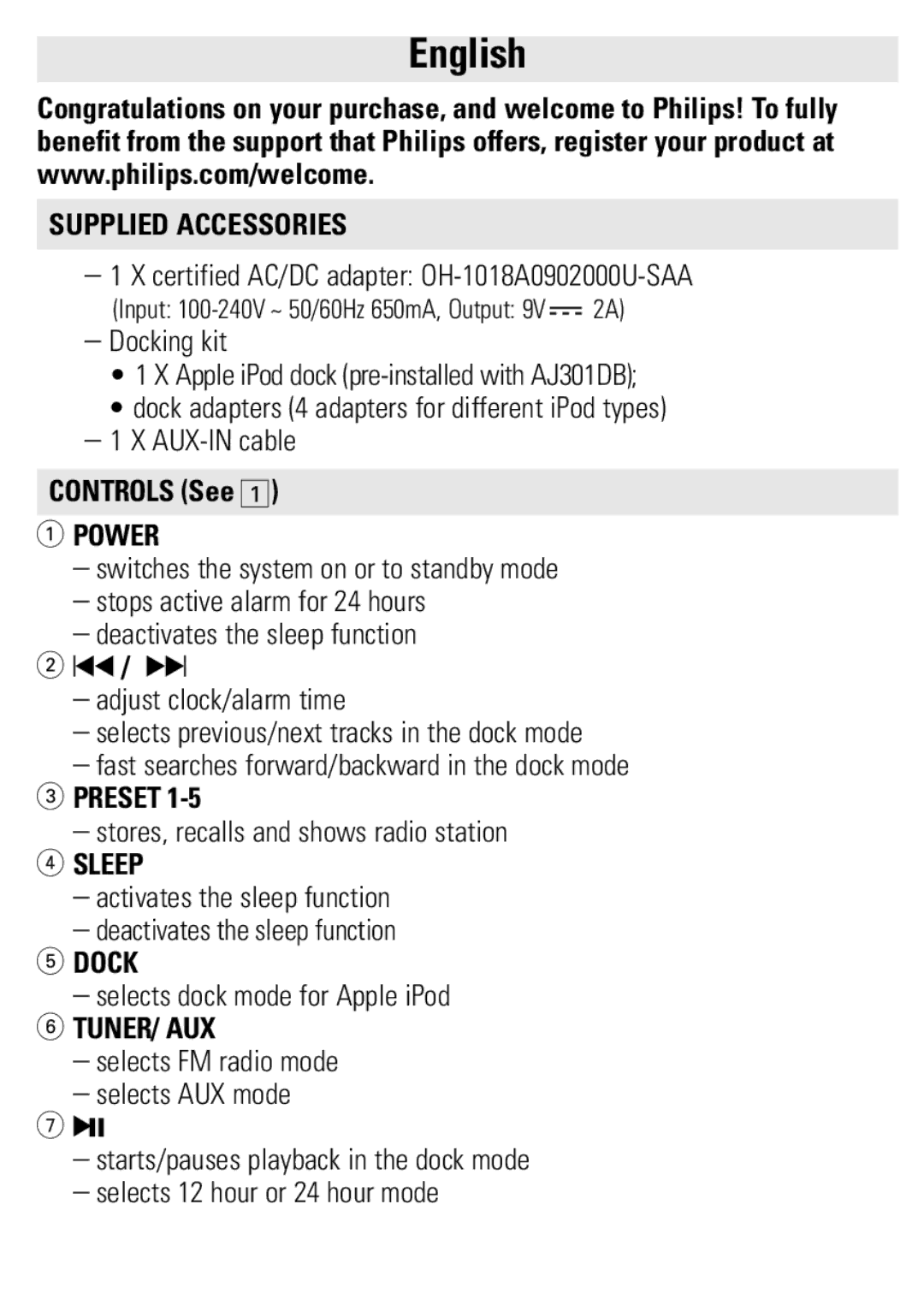 Philips AJ301DB/79 user manual Supplied Accessories, Power, Sleep, Dock, Tuner/ Aux 