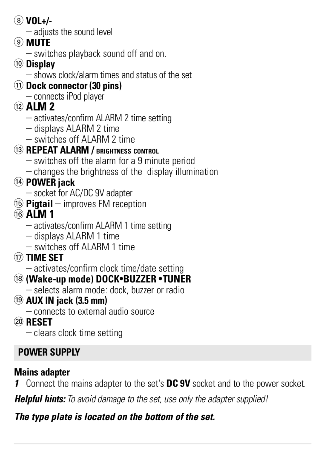 Philips AJ301DB/79 user manual Mute, Time SET, Reset, Power Supply 