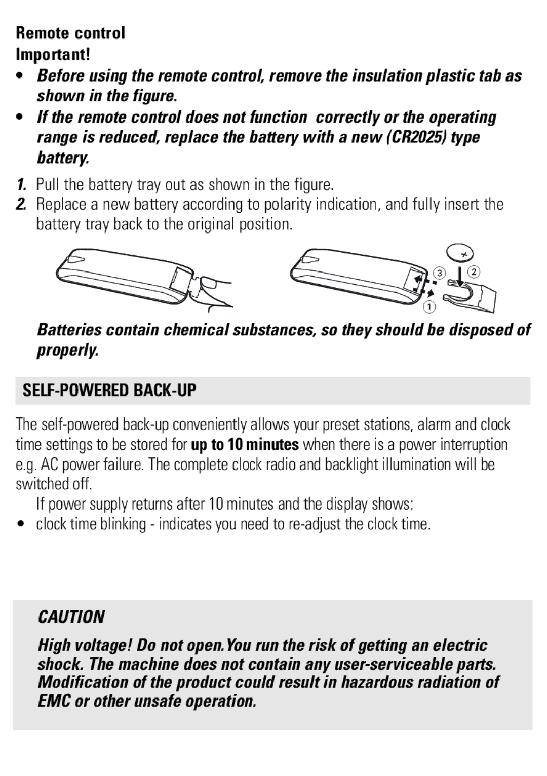 Philips AJ301DB/79 user manual Remote control, Pull the battery tray out as shown in the figure, Self-Powered Back-Up 