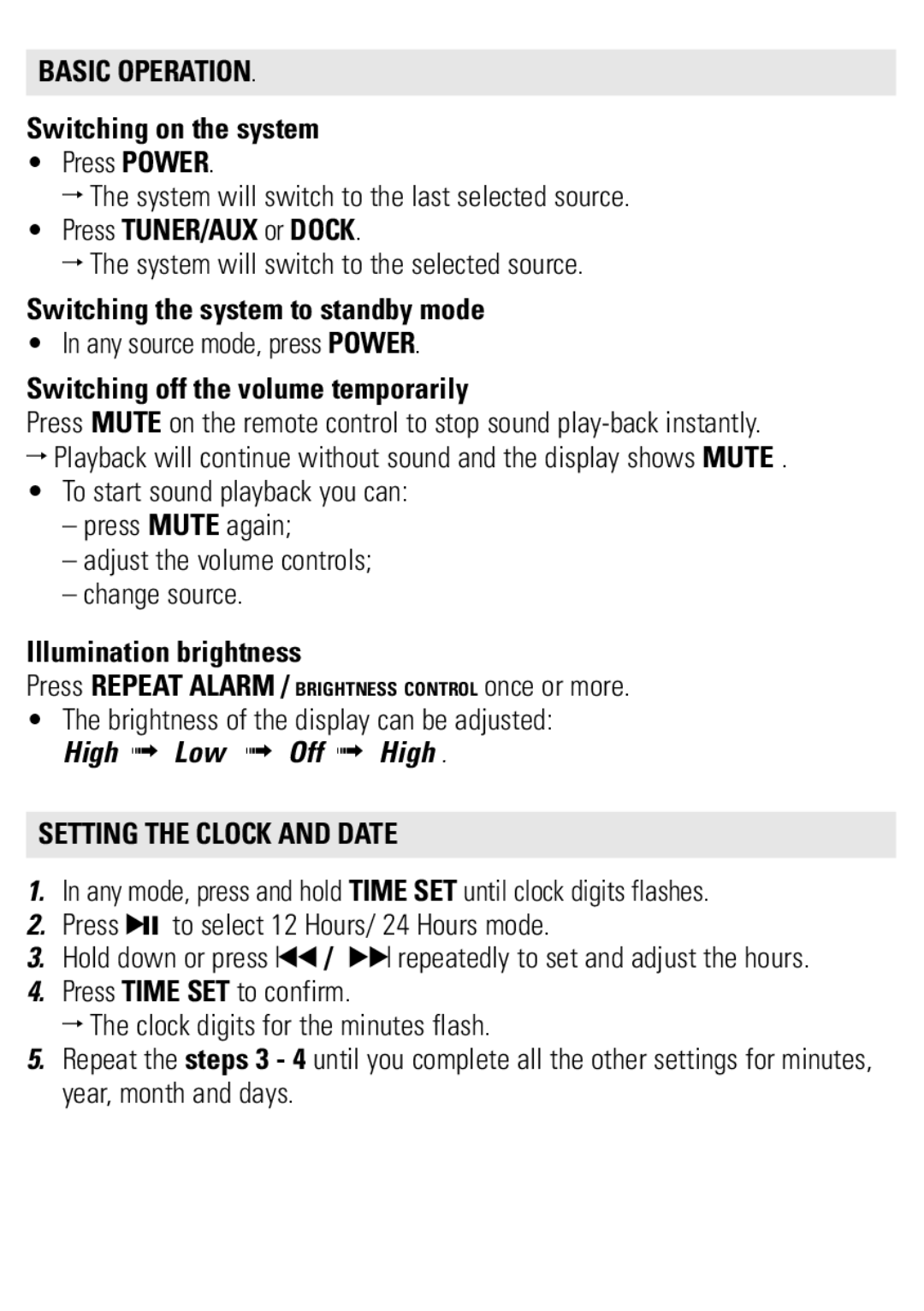 Philips AJ301DB/79 user manual Basic Operation, Setting the Clock and Date 