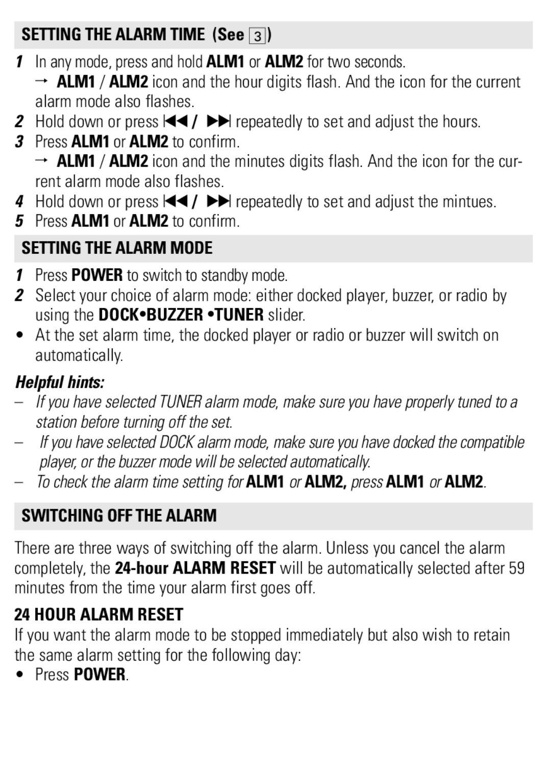 Philips AJ301DB/79 Setting the Alarm Time See, Setting the Alarm Mode, Switching OFF the Alarm, Hour Alarm Reset 