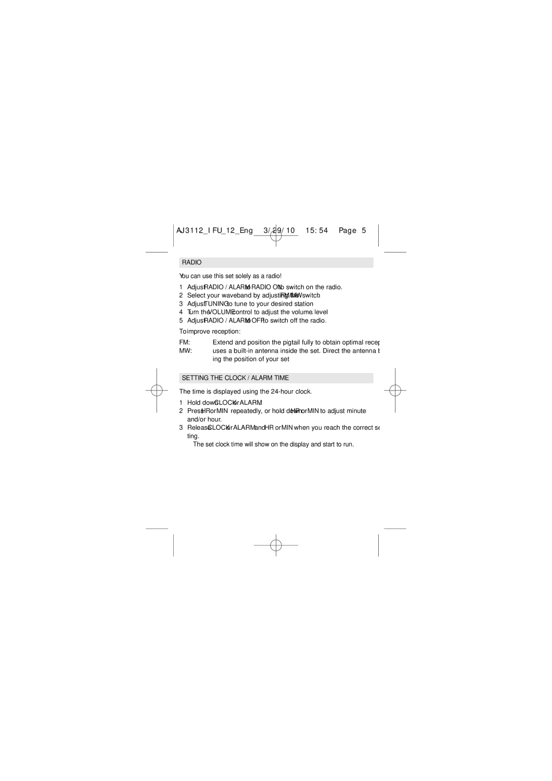 Philips AJ3112/12 user manual Radio, To improve reception, Setting the Clock / Alarm Time 