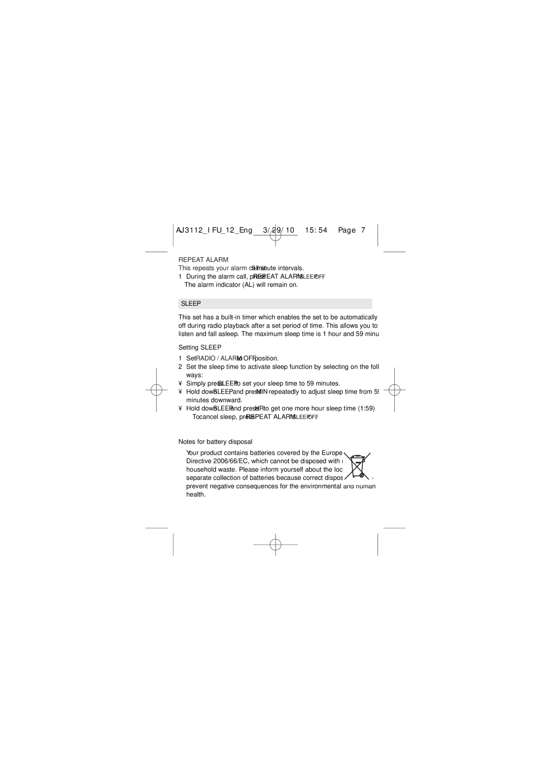 Philips AJ3112/12 user manual Repeat Alarm, Setting Sleep 