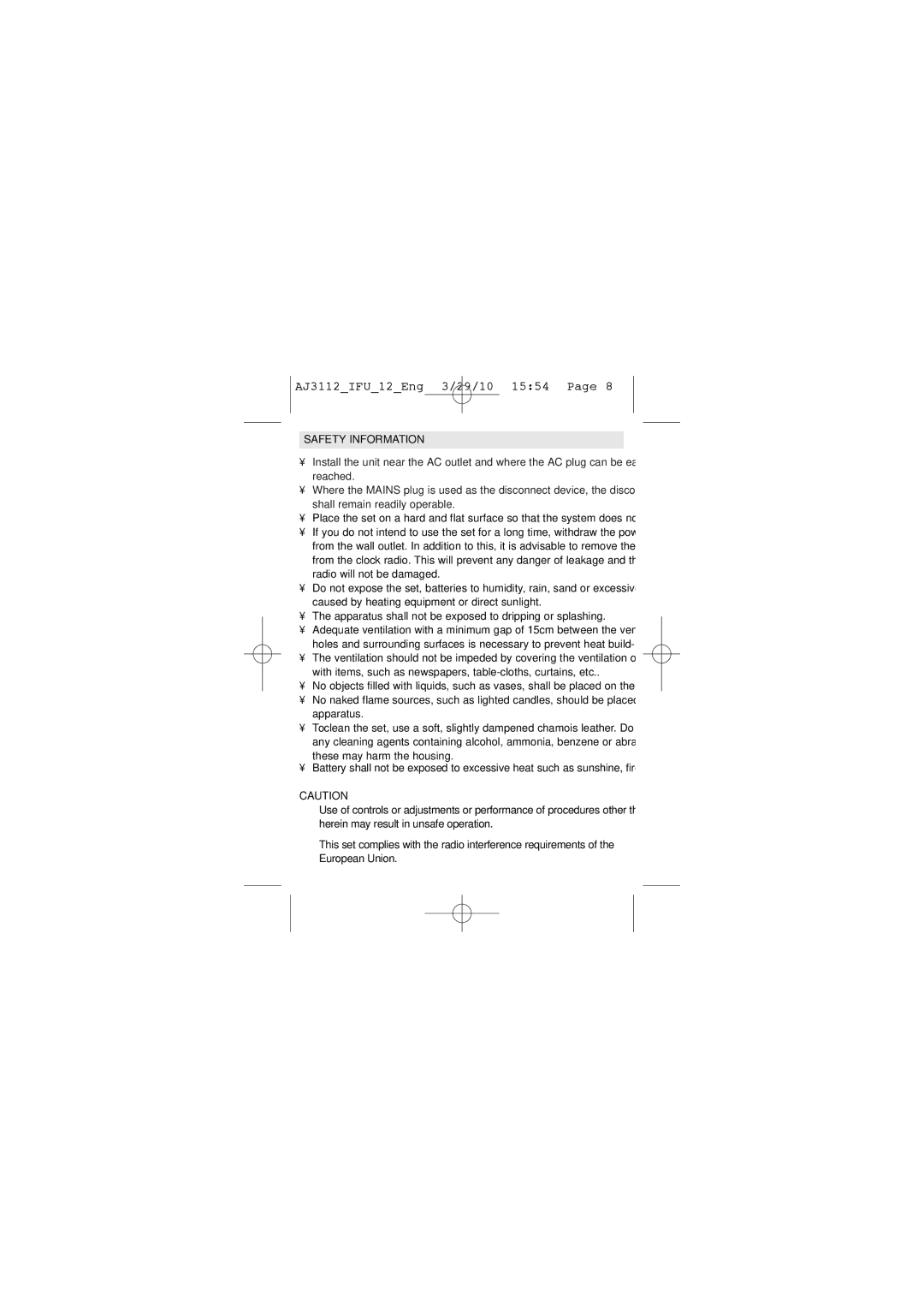 Philips AJ3112/12 user manual Safety Information, Apparatus shall not be exposed to dripping or splashing 