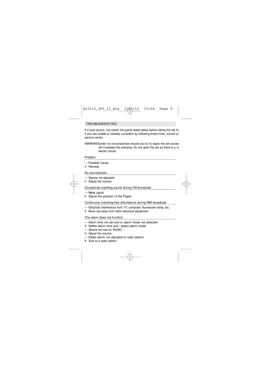 Philips AJ3112/12 user manual Troubleshooting 