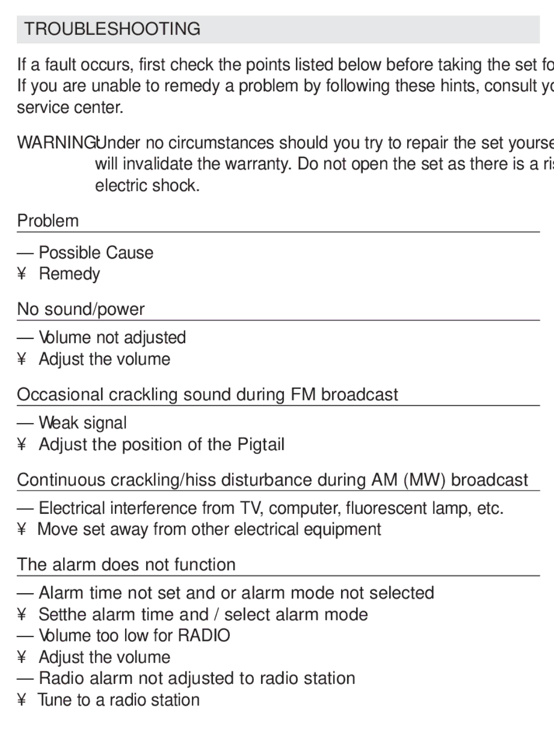 Philips AJ3112/37 user manual Troubleshooting, Problem, No sound/power, Occasional crackling sound during FM broadcast 