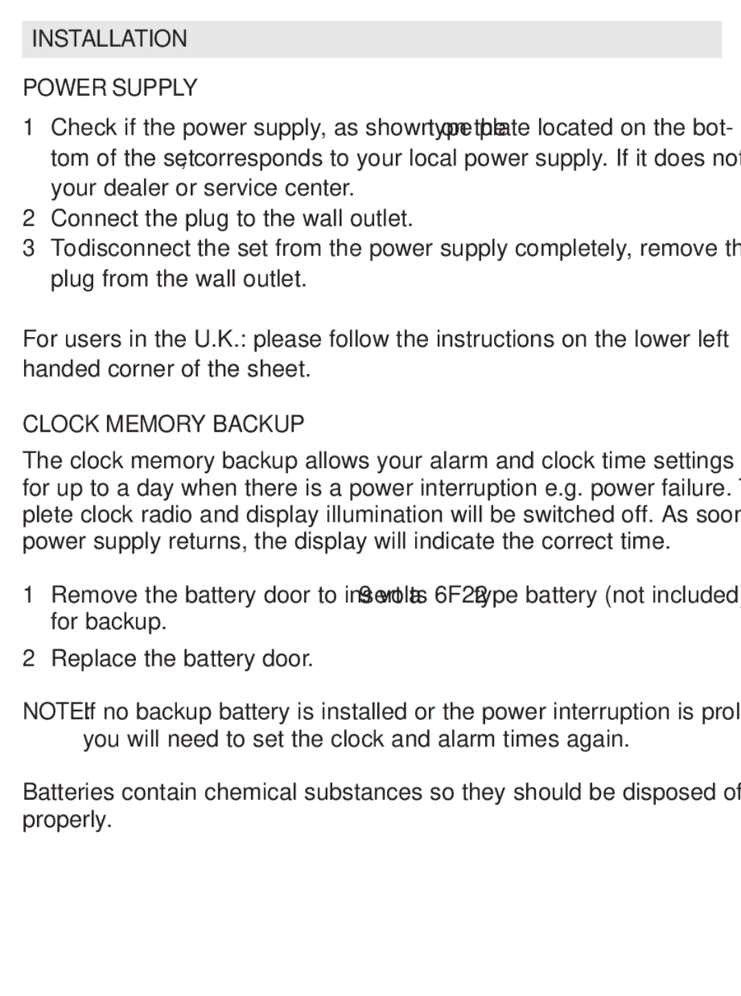 Philips AJ3112/37 user manual Installation Power Supply, Clock Memory Backup 