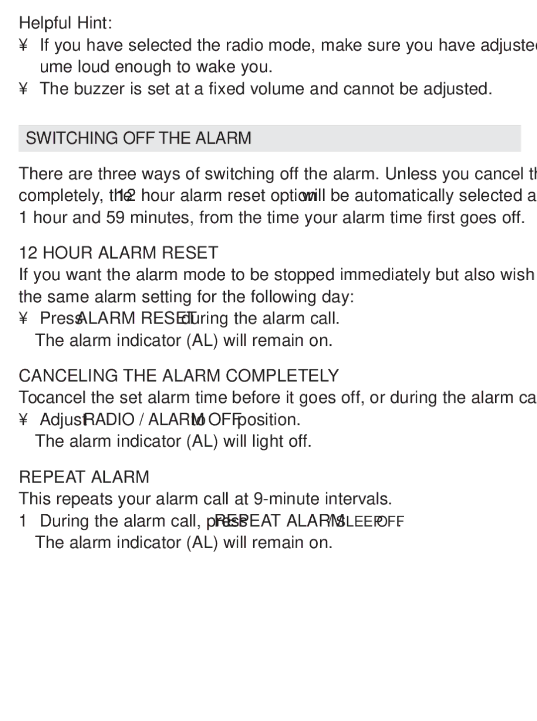 Philips AJ3112/37 user manual Switching OFF the Alarm, Hour Alarm Reset, Canceling the Alarm Completely, Repeat Alarm 