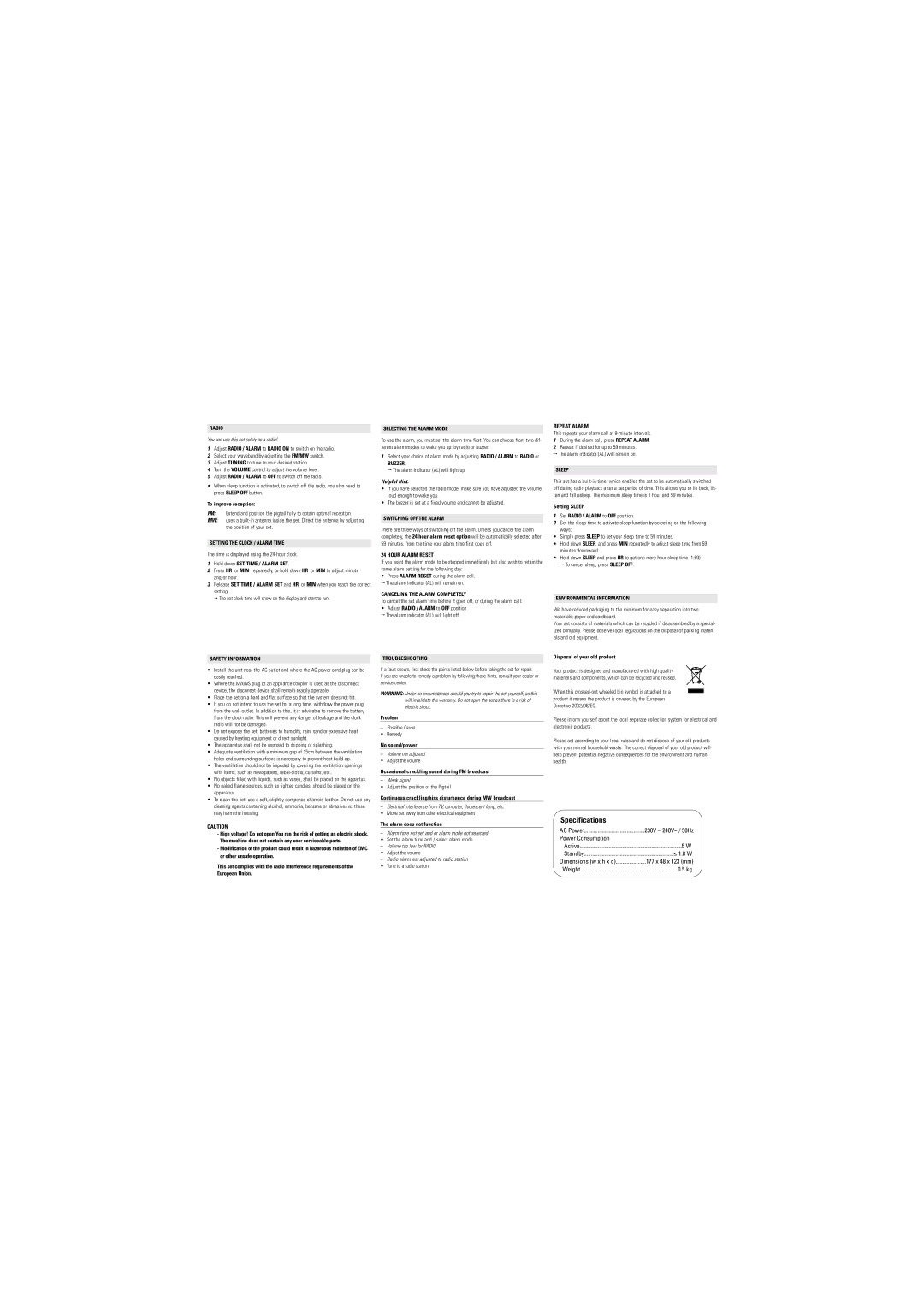 Philips AJ3121/05 user manual Radio, Setting the Clock / Alarm Time, Safety Information, Selecting the Alarm Mode, Buzzer 