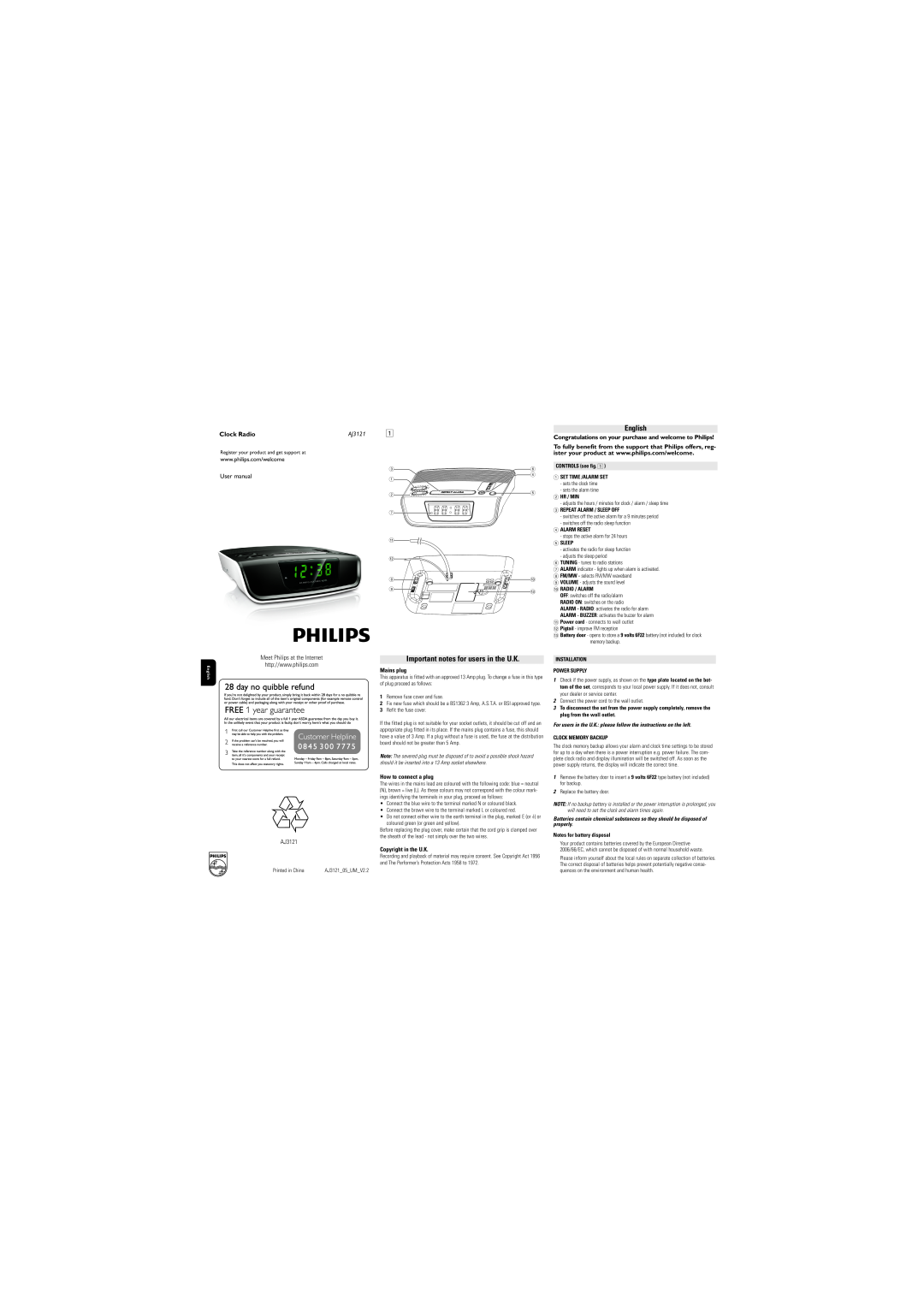 Philips AJ3121/05 user manual English, Important notes for users in the U.K, User manual, Meet Philips at the Internet 