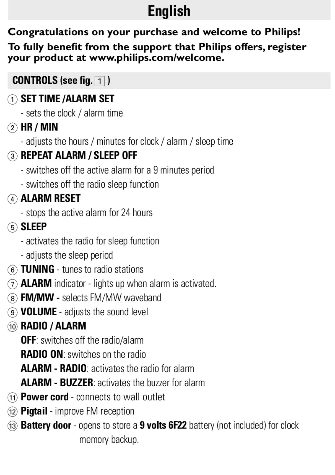 Philips AJ3121/79 user manual SET Time /ALARM SET, Repeat Alarm / Sleep OFF, Alarm Reset, Radio / Alarm 