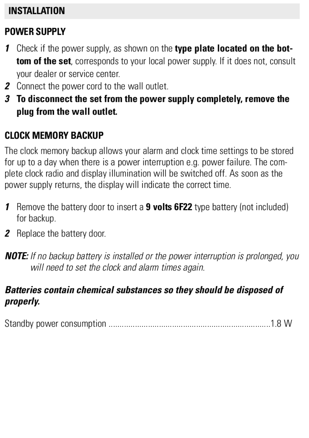 Philips AJ3121/79 user manual Installation Power Supply, Clock Memory Backup 