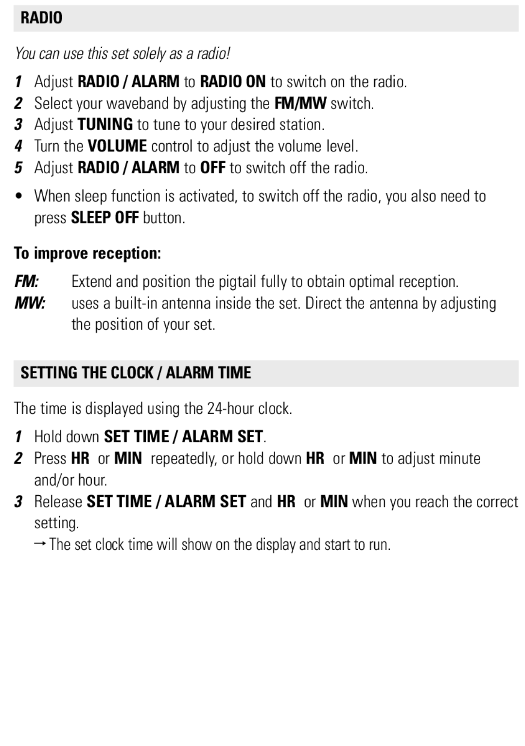 Philips AJ3121/79 user manual Radio, To improve reception, Setting the Clock / Alarm Time, Hold down SET Time / Alarm SET 