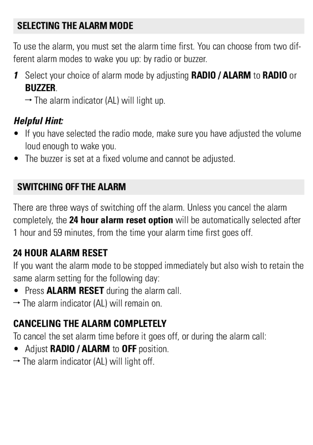 Philips AJ3121/79 user manual Selecting the Alarm Mode, Buzzer, Switching OFF the Alarm, Hour Alarm Reset 