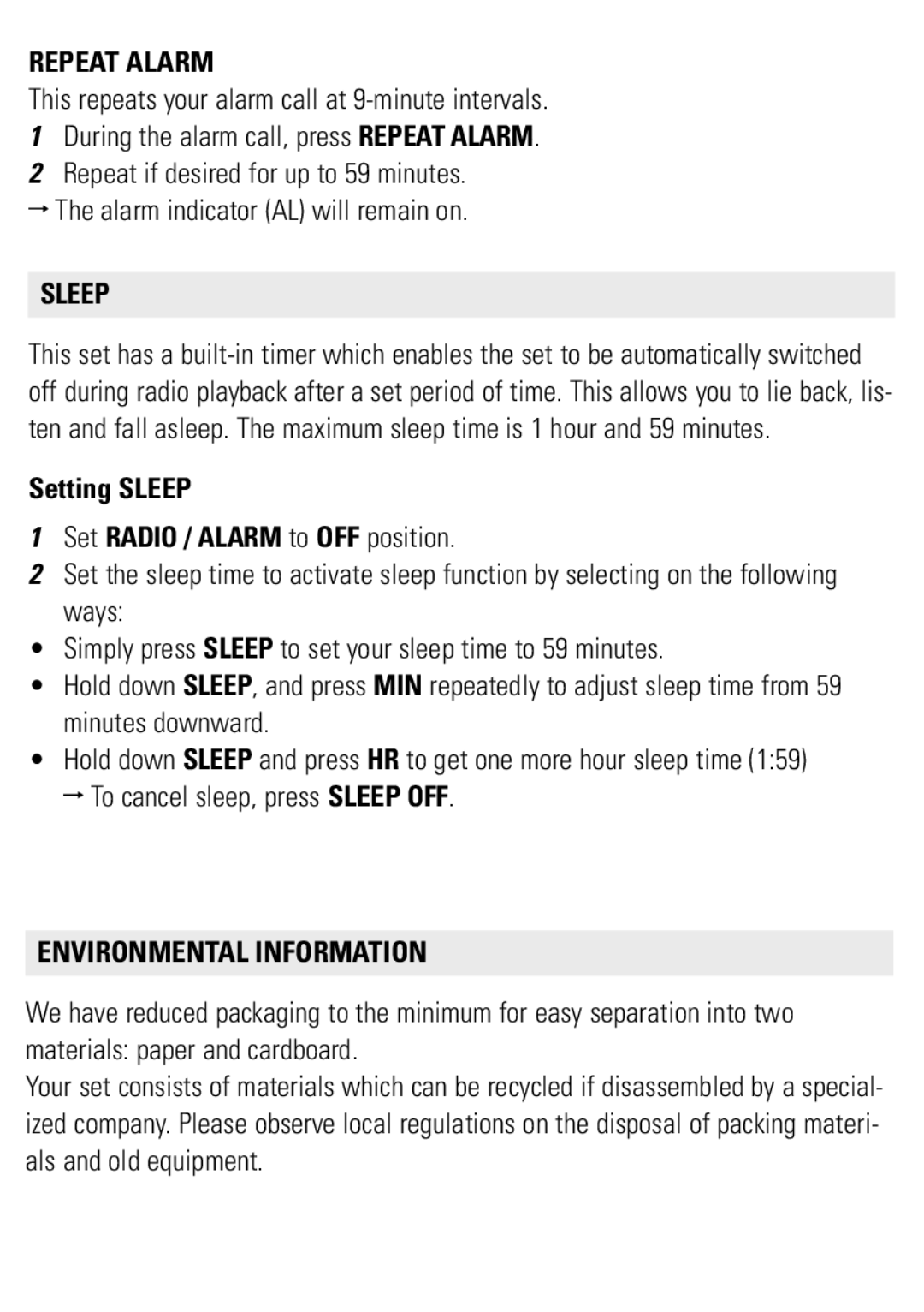 Philips AJ3121/79 user manual Repeat Alarm, Setting Sleep Set Radio / Alarm to OFF position, Environmental Information 