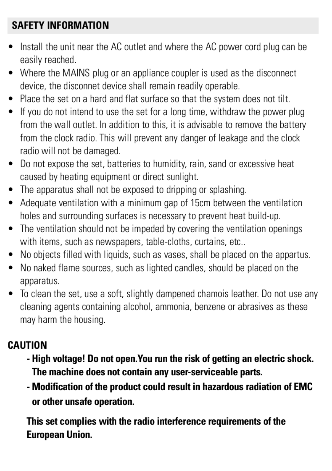 Philips AJ3121/79 user manual Safety Information, Apparatus shall not be exposed to dripping or splashing 