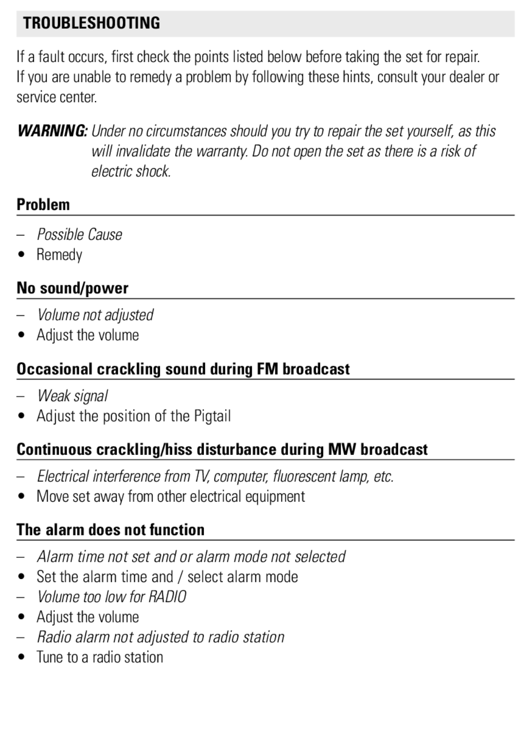 Philips AJ3121/79 user manual Troubleshooting, Problem, No sound/power, Occasional crackling sound during FM broadcast 