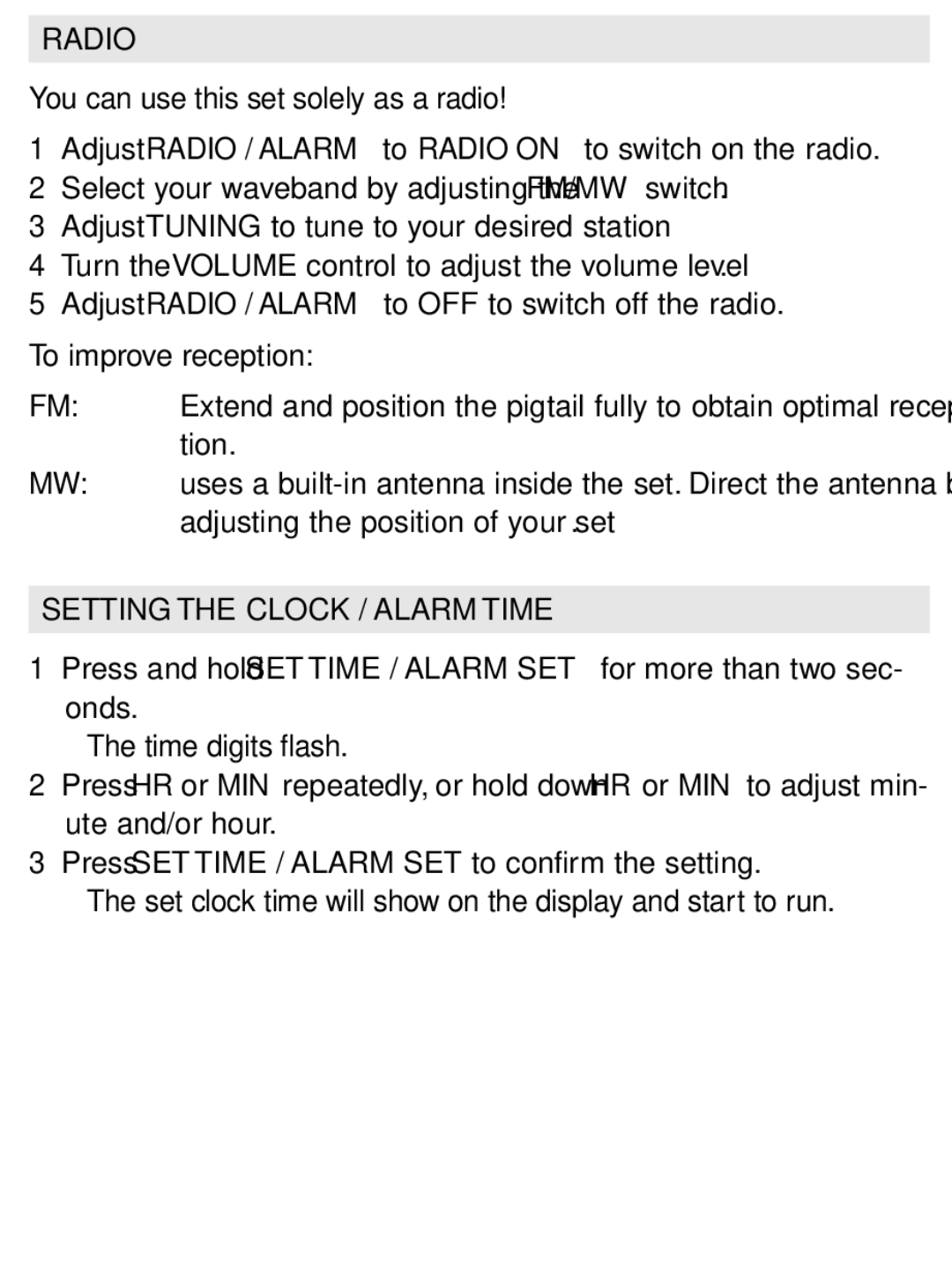 Philips AJ3122/61 user manual Radio, To improve reception, Setting the Clock / Alarm Time 