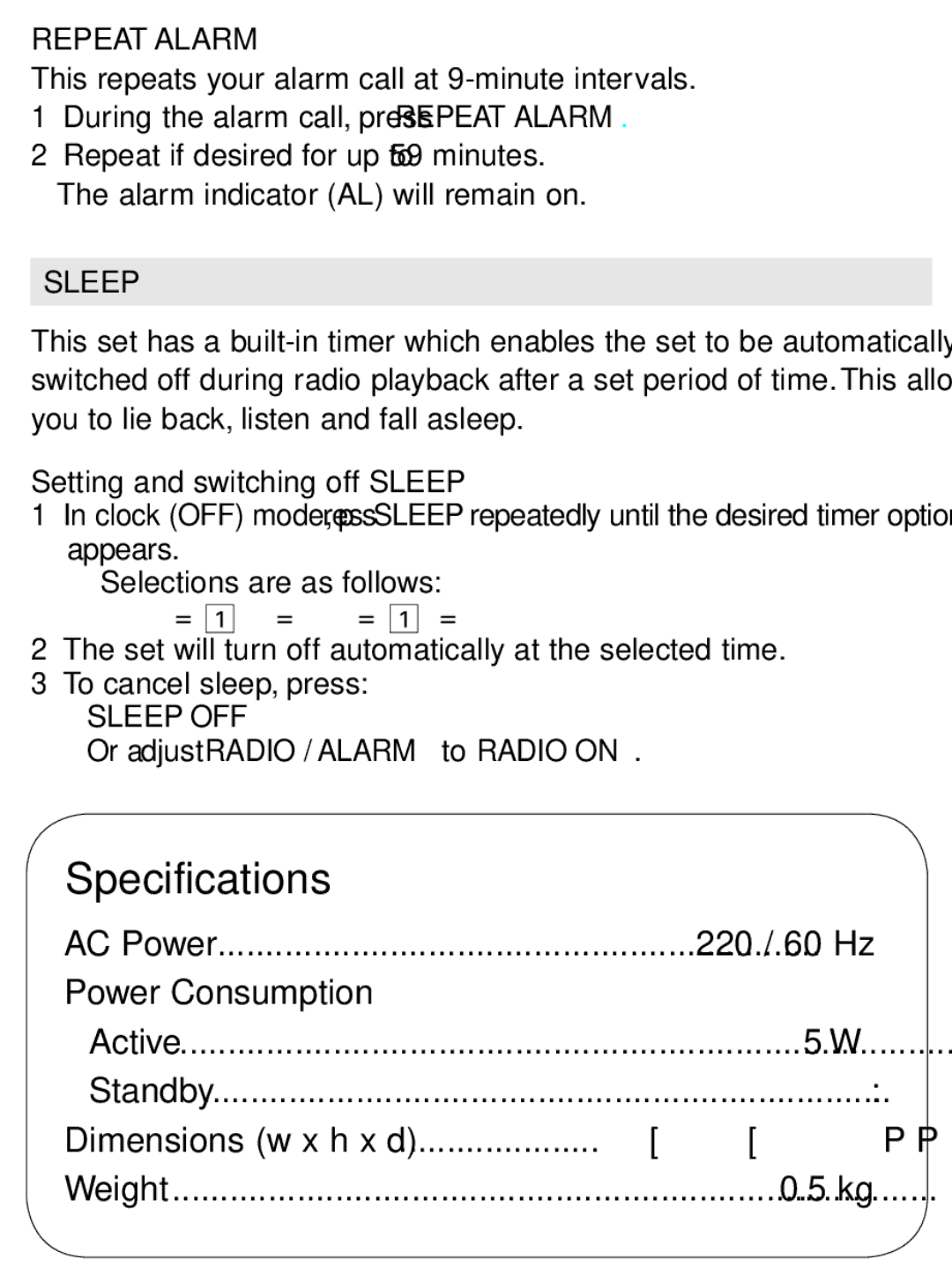 Philips AJ3122/61 Repeat Alarm, Setting and switching off Sleep, Sleep OFF, Or adjust Radio / Alarm to Radio on 