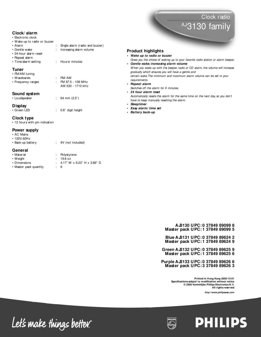 Philips AJ3130 Family Clock/ alarm, Tuner, Sound system, Display, Clock type, Power supply, General, Product highlights 