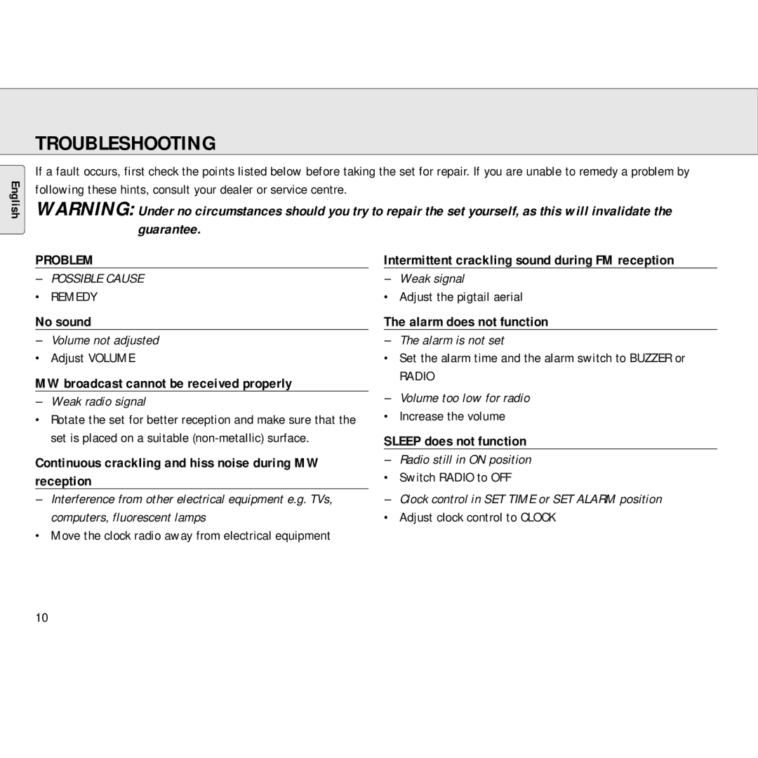 Philips AJ3130/05 Troubleshooting, Guarantee, No sound Alarm does not function, MW broadcast cannot be received properly 