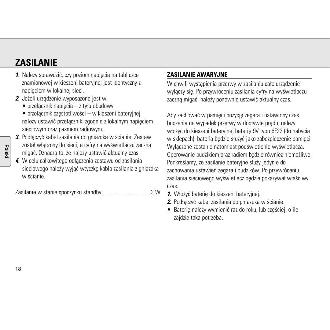 Philips AJ3130/05 manual Zasilanie Awaryjne 