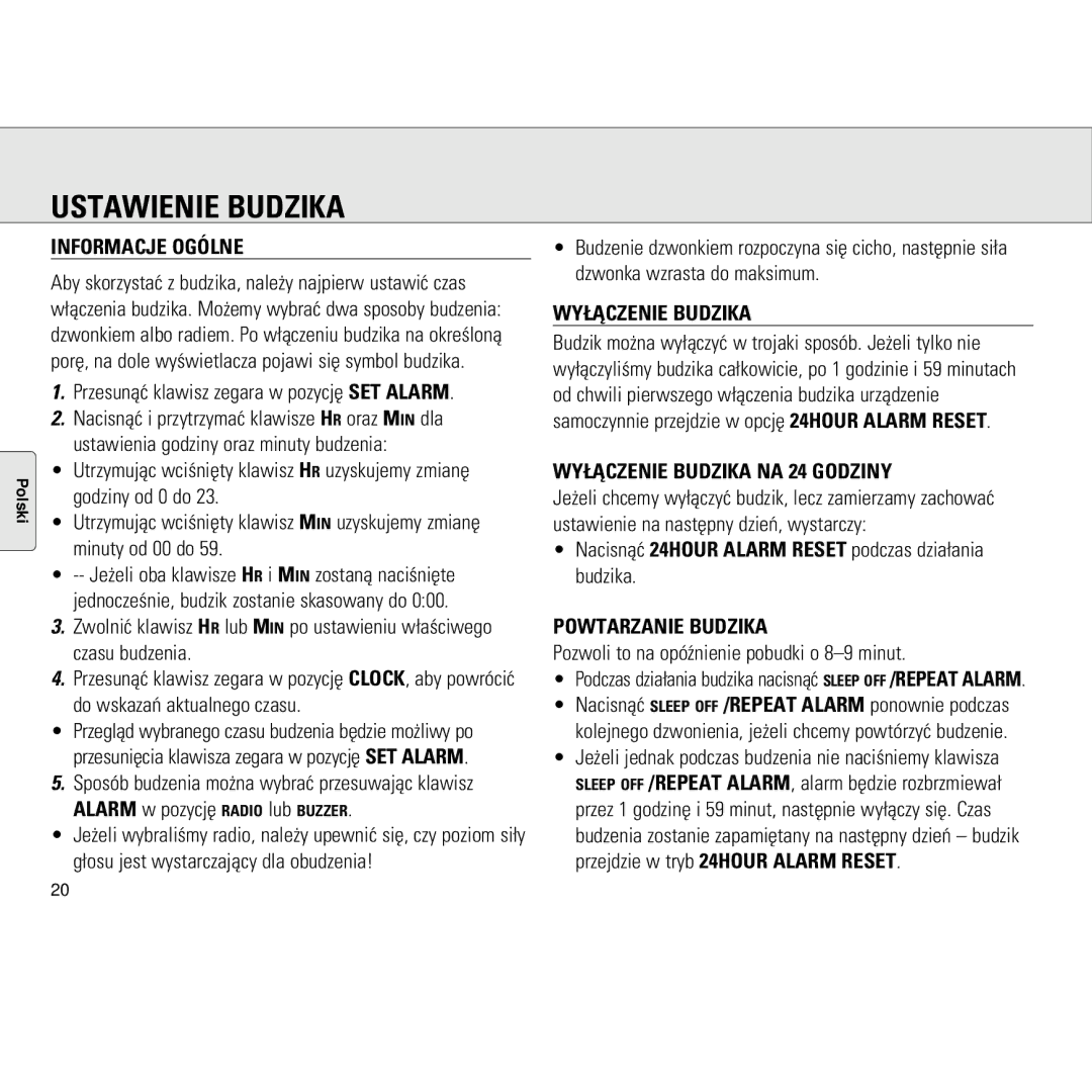 Philips AJ3130/05 manual Ustawienie Budzika, Informacje Ogólne, WY£ÅCZENIE Budzika NA 24 Godziny, Powtarzanie Budzika 