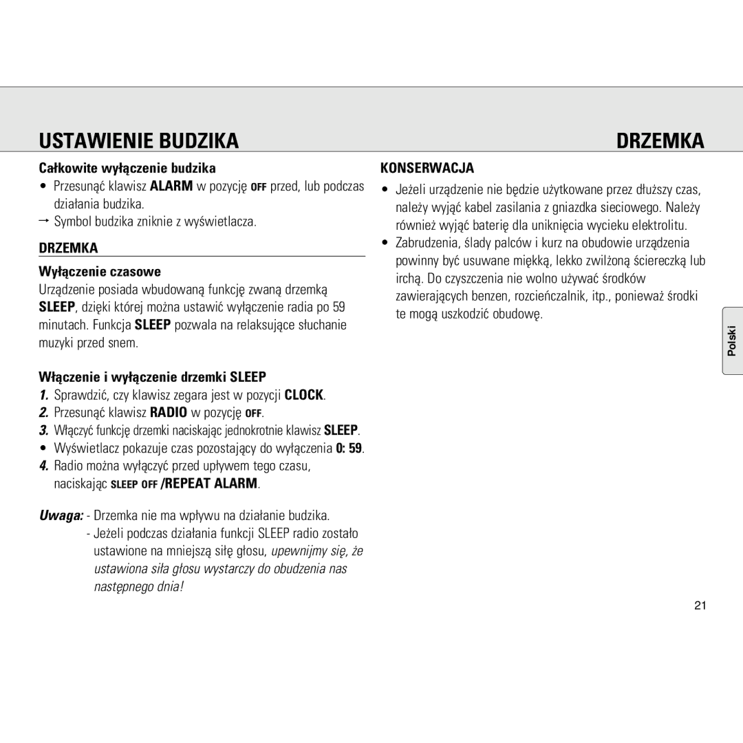 Philips AJ3130/05 manual Ustawienie Budzika Drzemka, Konserwacja 