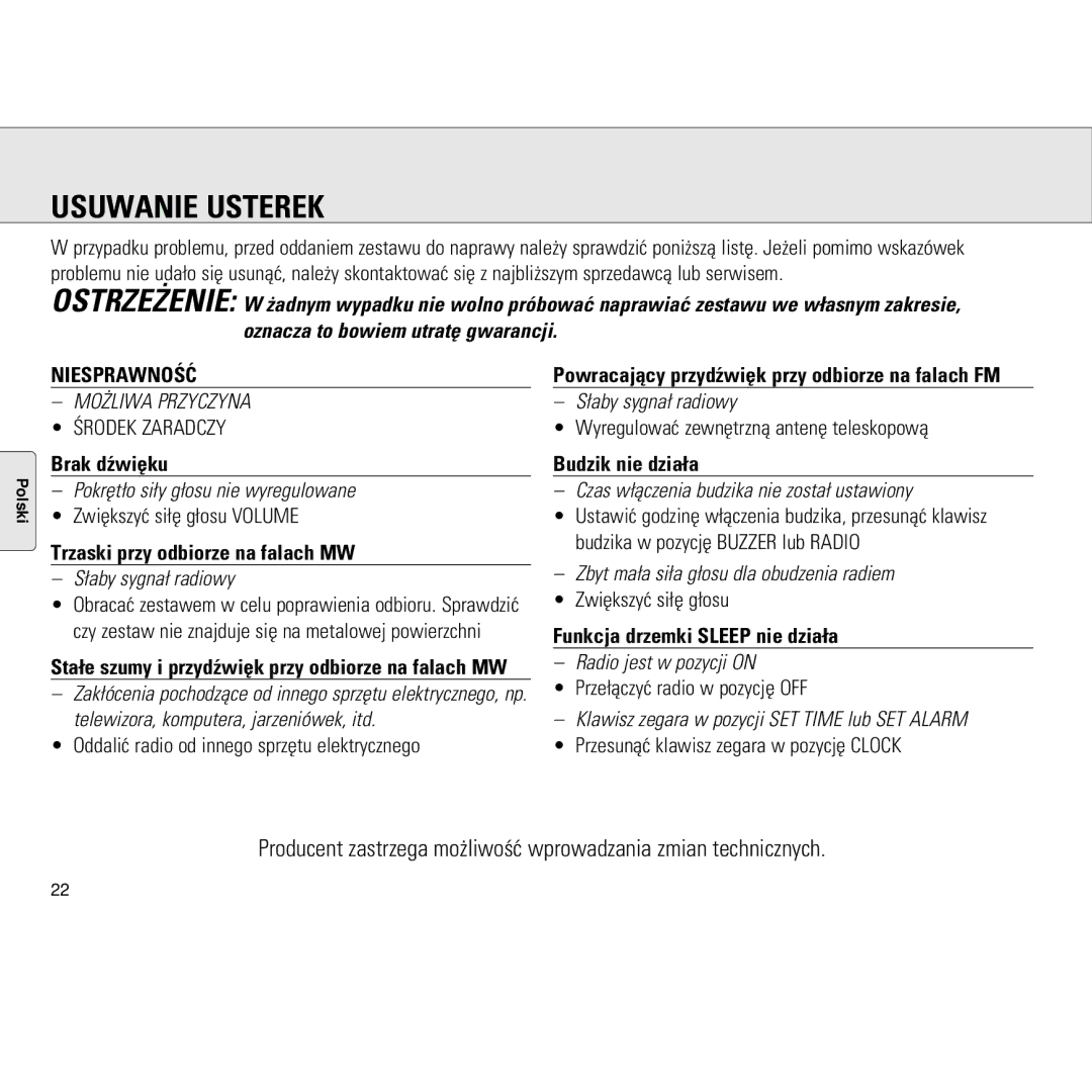 Philips AJ3130/05 manual Usuwanie Usterek, Brak dŸwiêku Budzik nie dzia¬a, Trzaski przy odbiorze na falach MW 