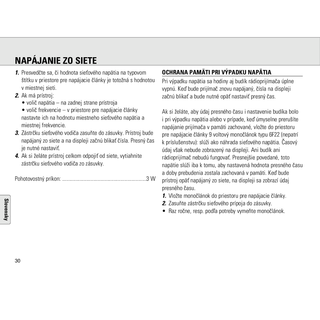 Philips AJ3130/05 manual Napájanie ZO Siete, Ochrana Pamäti PRI V‡PADKU Napätia 