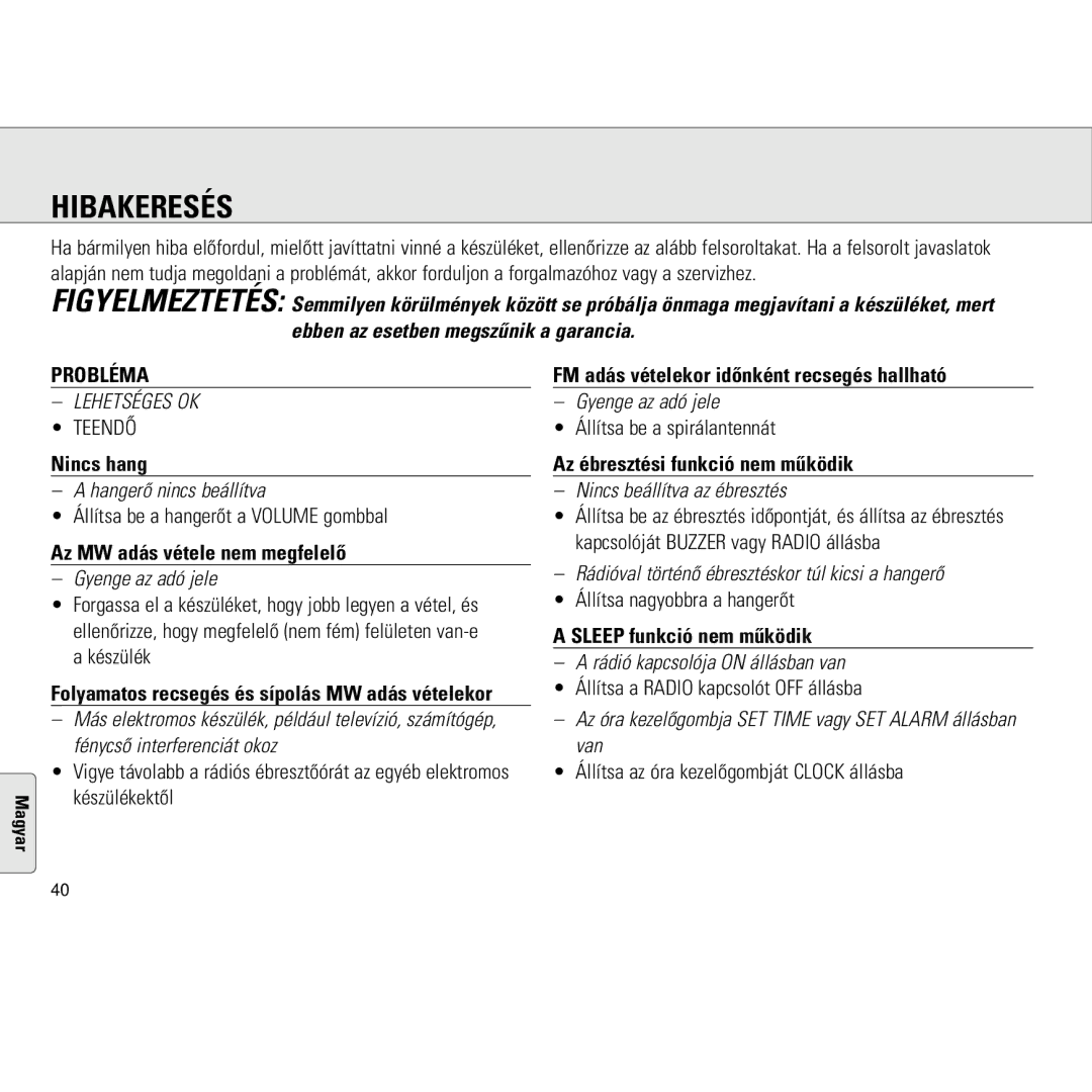 Philips AJ3130/05 manual Hibakeresés, Probléma 