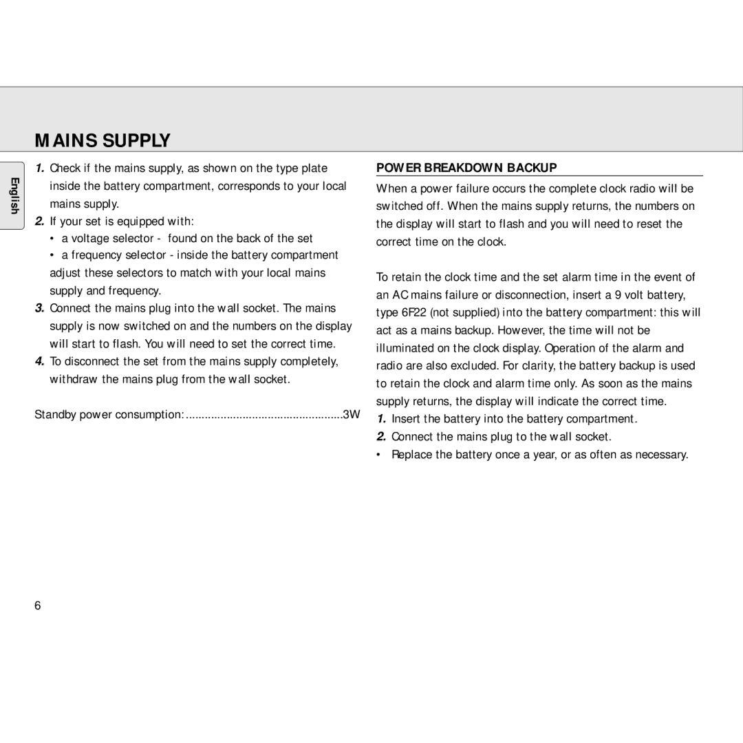 Philips AJ3130/05 manual Mains Supply, Power Breakdown Backup 