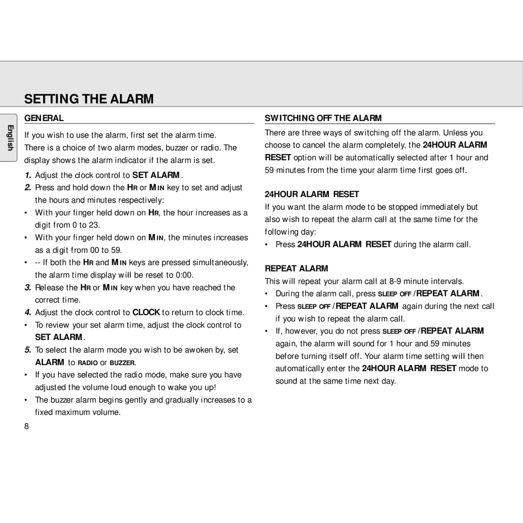 Philips AJ3130/05 manual Setting the Alarm 