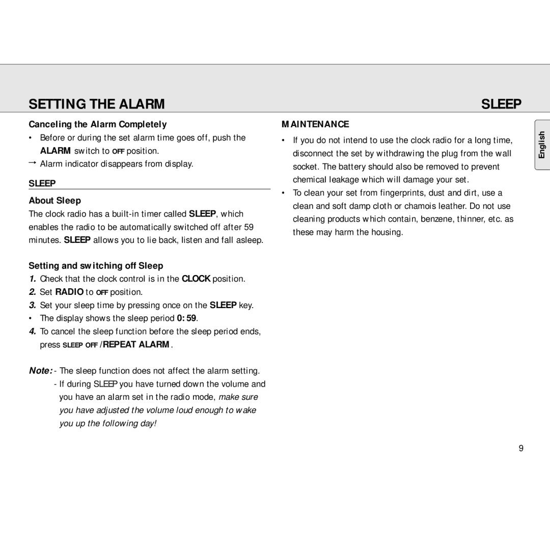 Philips AJ3130/05 manual Setting the Alarm Sleep, Maintenance 