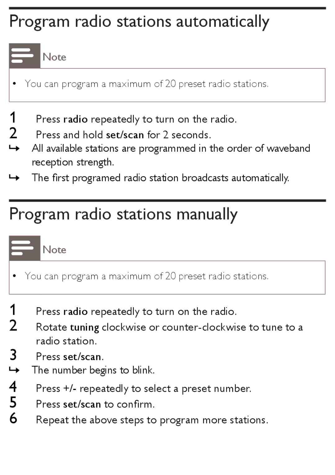 Philips AJ3138/12 user manual Program radio stations automatically, Program radio stations manually 