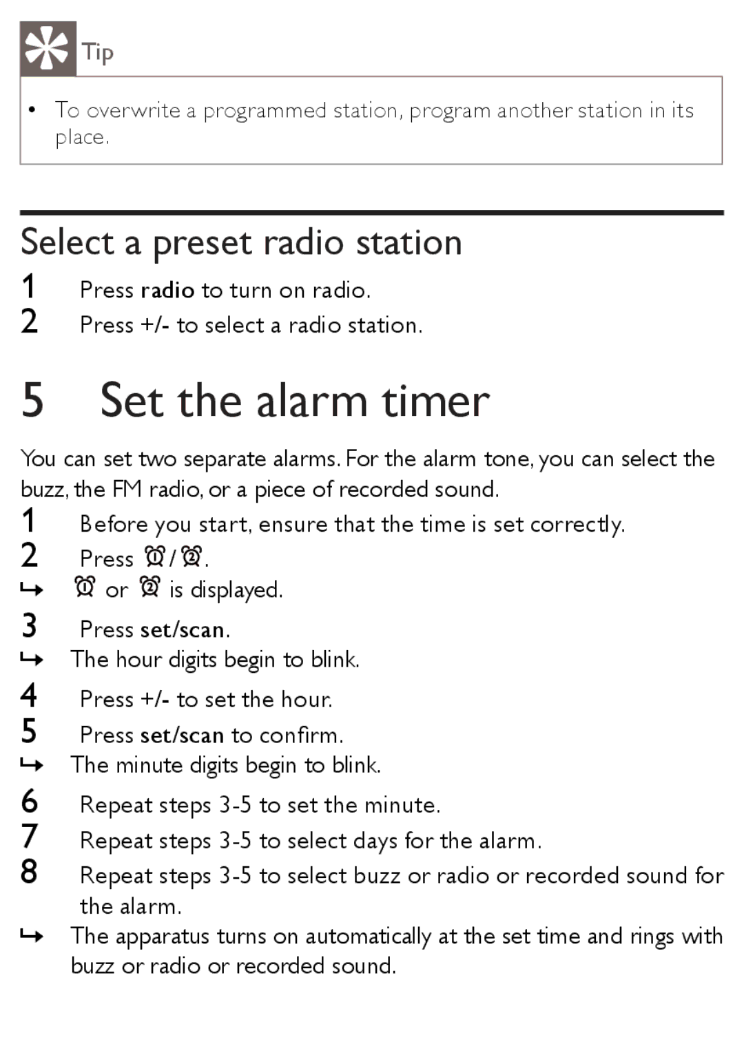 Philips AJ3138/12 user manual Set the alarm timer, Select a preset radio station 