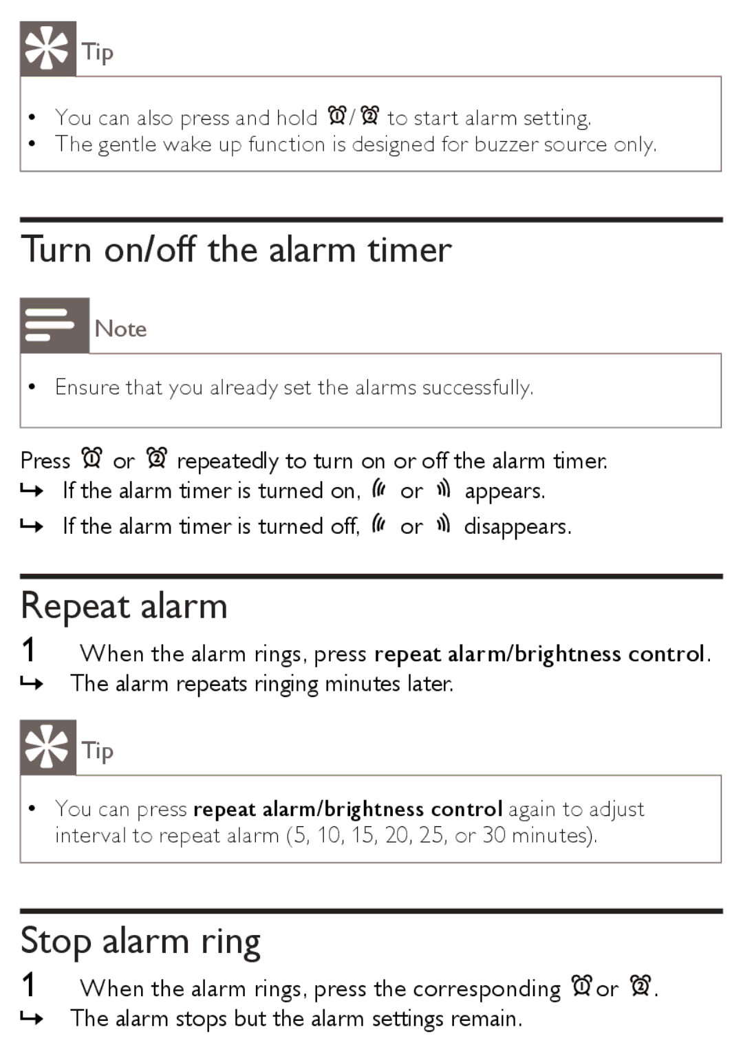 Philips AJ3138/12 user manual Turn on/off the alarm timer, Repeat alarm, Stop alarm ring 