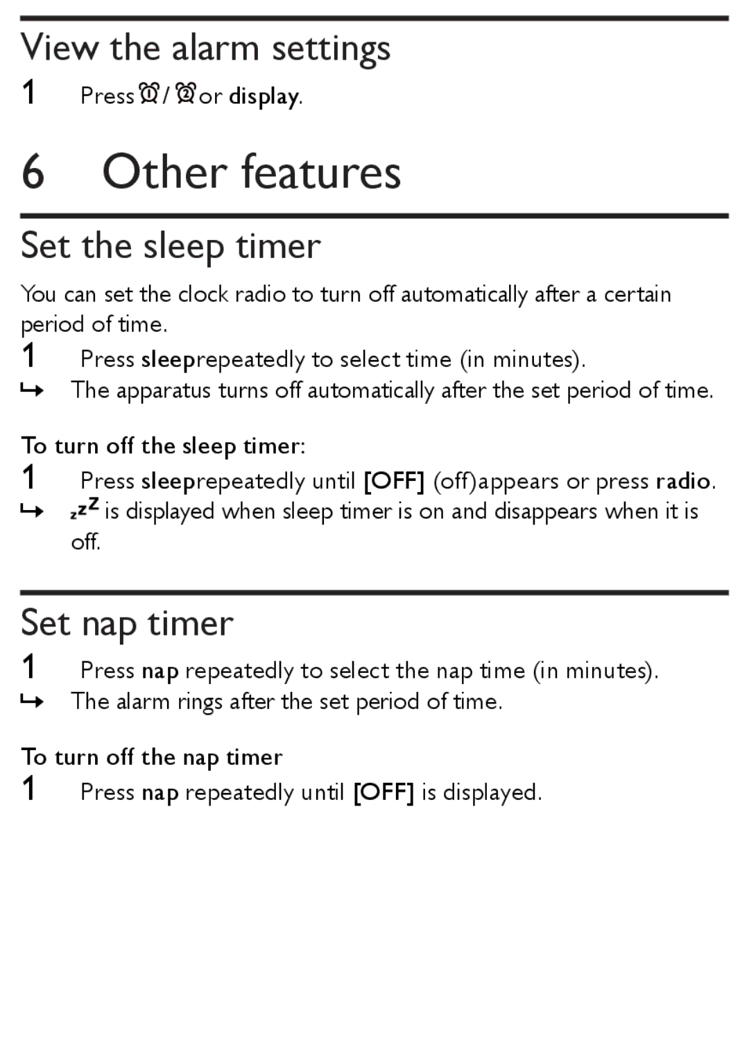 Philips AJ3138/12 user manual Other features, View the alarm settings, Set the sleep timer, Set nap timer 