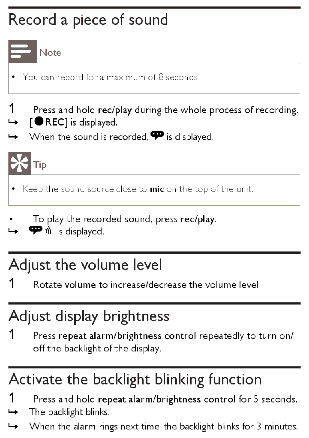 Philips AJ3138/12 user manual Record a piece of sound, Adjust the volume level, Adjust display brightness 