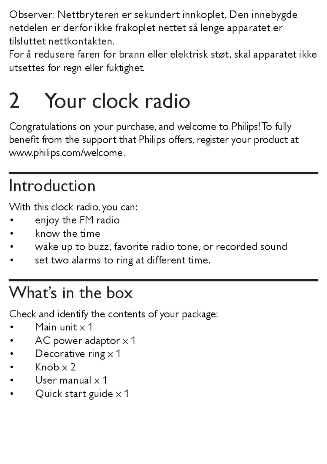 Philips AJ3138/12 user manual Your clock radio, Introduction, What’s in the box 