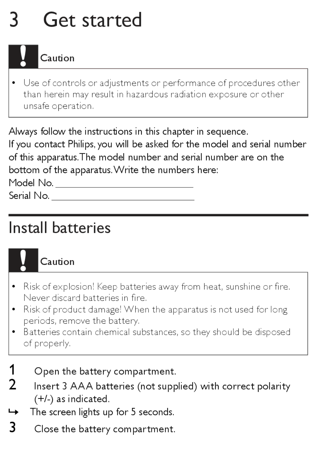 Philips AJ3138/12 user manual Get started, Install batteries 