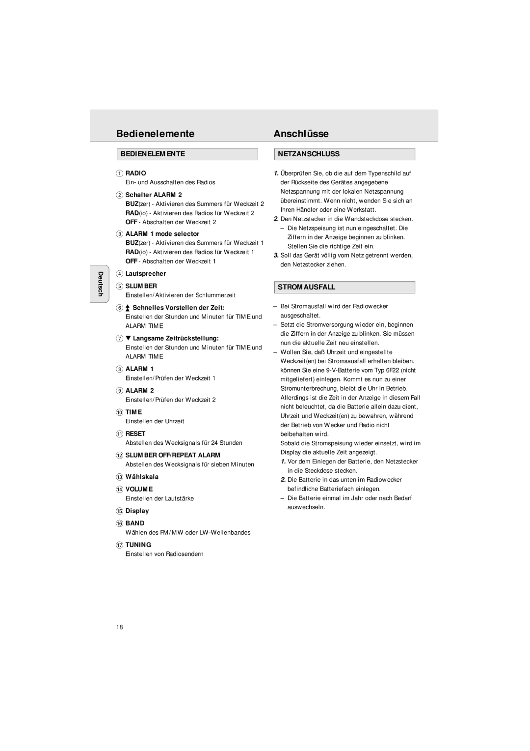 Philips AJ3142 manual BedienelementeAnschlüsse, Bedienelemente Netzanschluss, Stromausfall 