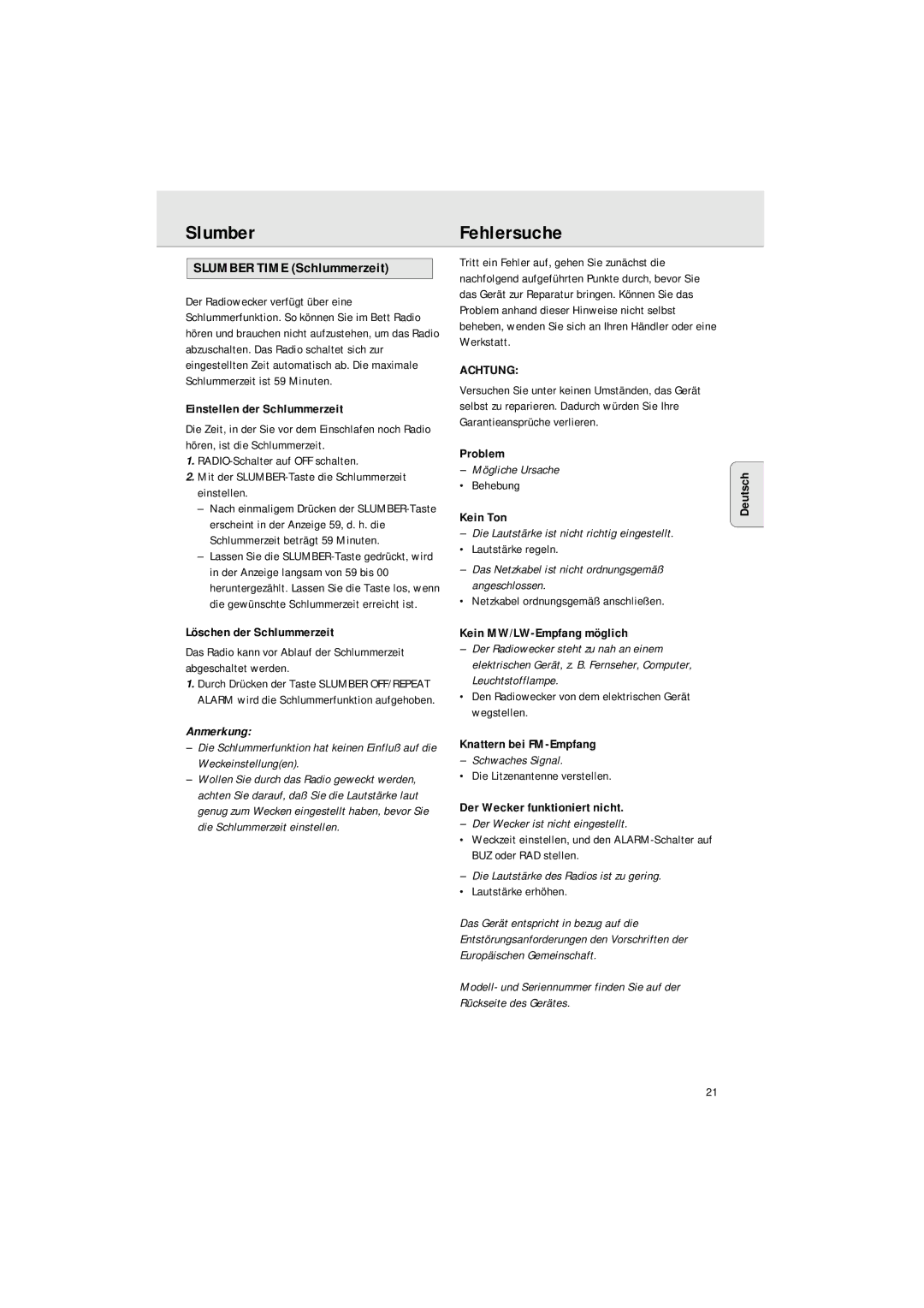 Philips AJ3142 manual SlumberFehlersuche, Anmerkung, Achtung 