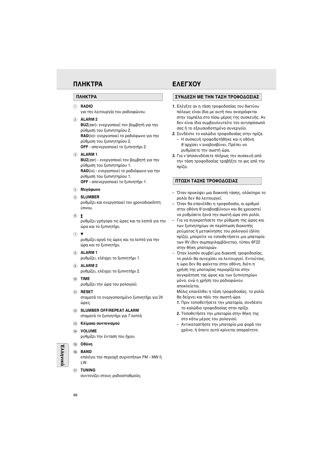 Philips AJ3142 manual Έλληνικά, Πληκτρα, ΣΥΝ∆ΕΣΗ ΜΕ ΤΗΝ Ταση ΤΡ, Πτωση Τασησ ΤΡ 