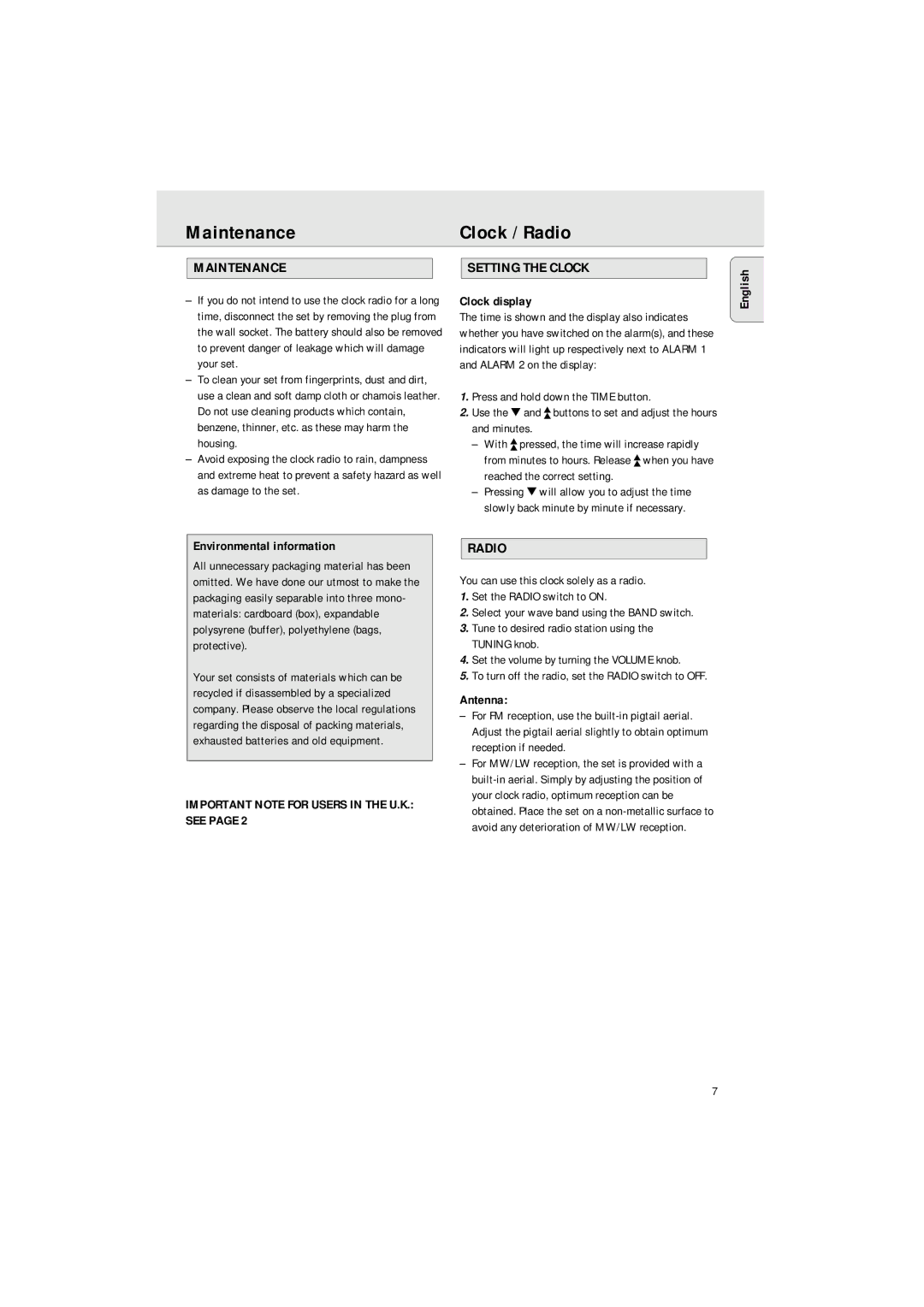 Philips AJ3142 manual Maintenance Clock / Radio, Maintenance Setting the Clock, Important Note for Users in the U.K. see 