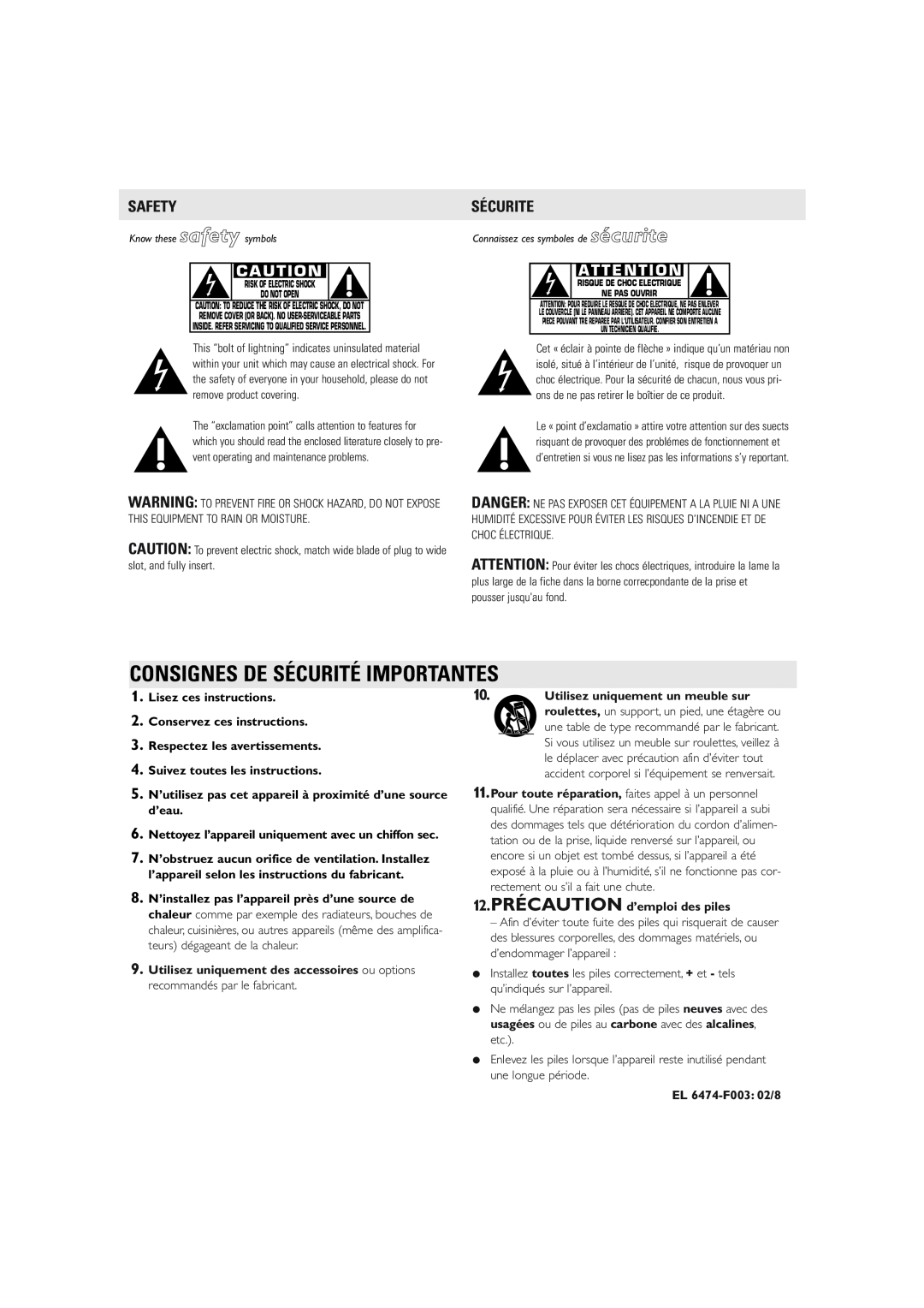 Philips AJ3160 warranty Safety, Sécurite, Lisez ces instructions, Conservez ces instructions, Respectez les avertissements 