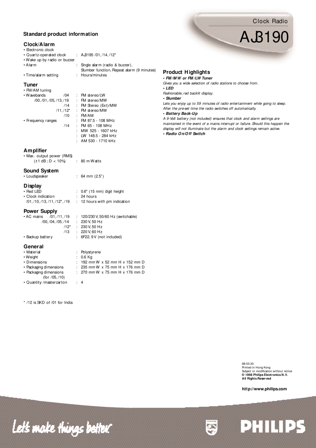 Philips AJ3190/11 Standard product information Clock/Alarm, Tuner, Product Highlights, Amplifier, Sound System, Display 