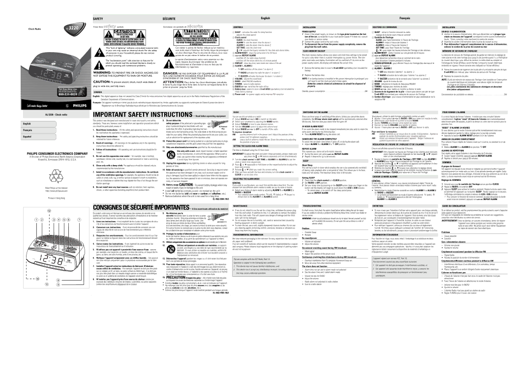 Philips AJ3220 important safety instructions Canada, Controls, 4SLEEP OFF /REPEAT Alarm, 6ALARM 1 , Alarm, Radio, Sleep 