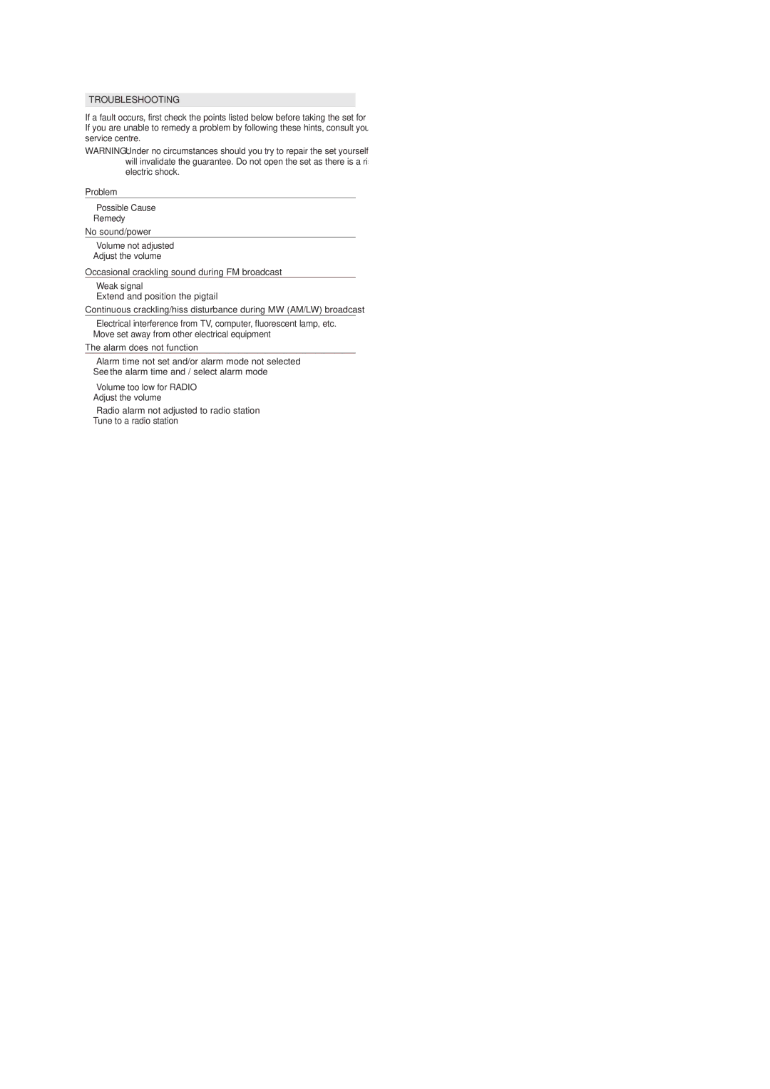 Philips AJ3225 user manual Troubleshooting, Problem, No sound/power, Occasional crackling sound during FM broadcast 